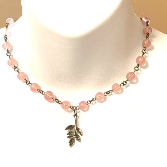 Cute Cherry Quartz Bronze Leaf Branch Pendant Adjustable Choker - Picture 2 of 16